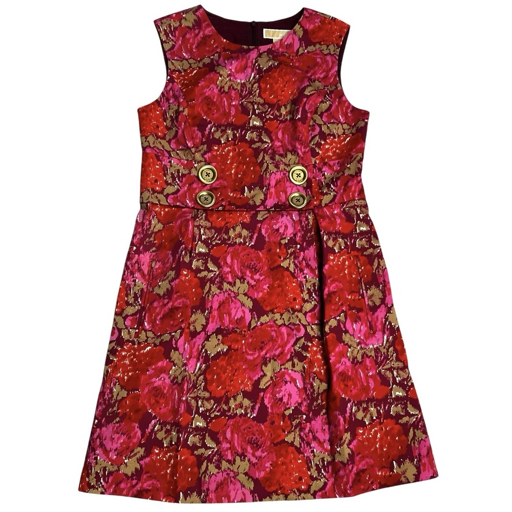 Michael Kors Sheath Lined Dress Floral Sleeveless Pink Red Gold Buttons Sz 8